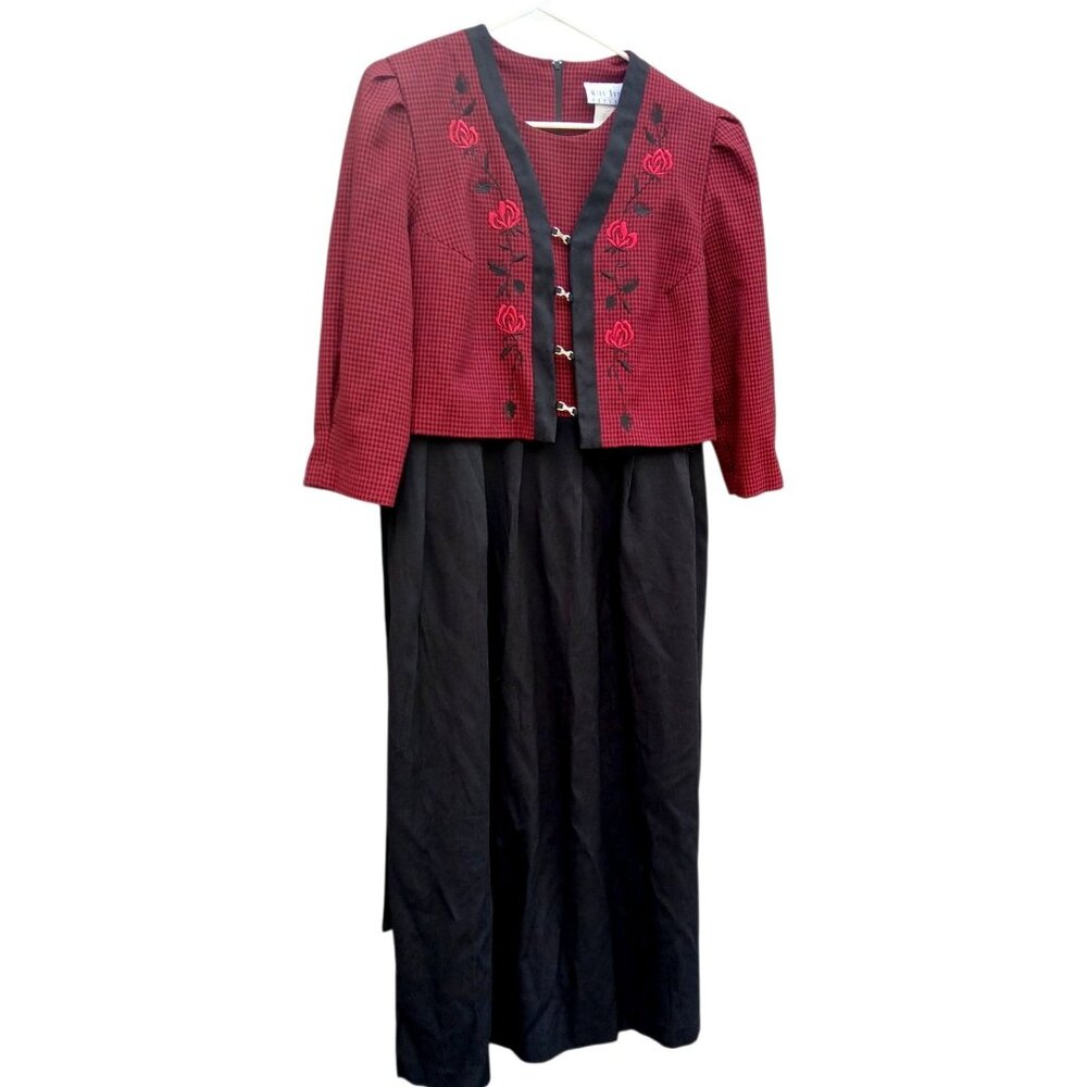 Miss Dorby Women's Size 14P Dress Red Black Tie Back Floral Maxi Dress Vintage